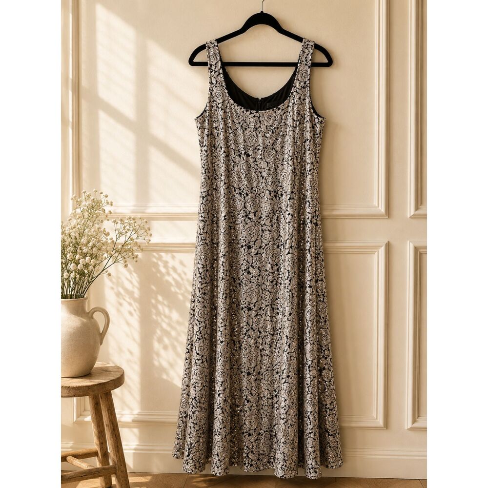 Alex Evenings Silver Black Sequin Lace Maxi Gown Size Unknown Formal Dress